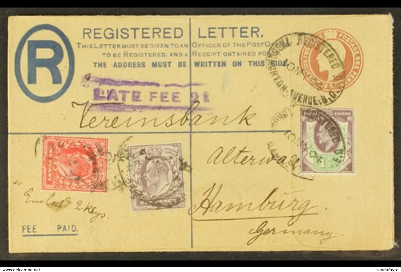 1904  (10 May) 3d Postal Stationery Registered Letter To Germany Uprated With 1d, 1½d & 6d Stamps Tied By "Thogmorton Av - Ohne Zuordnung