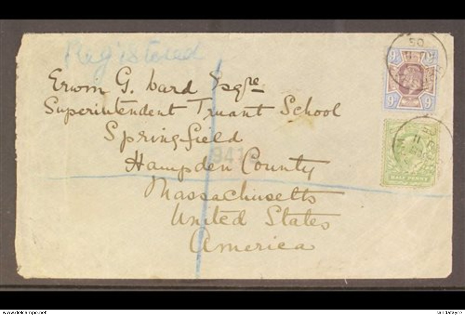 1905  (11 Aug) Registered Cover Addressed To USA, Bearing ½d & 9d KEVII Stamps Tied By "Horsham" Cds's, Plus Five Transi - Ohne Zuordnung