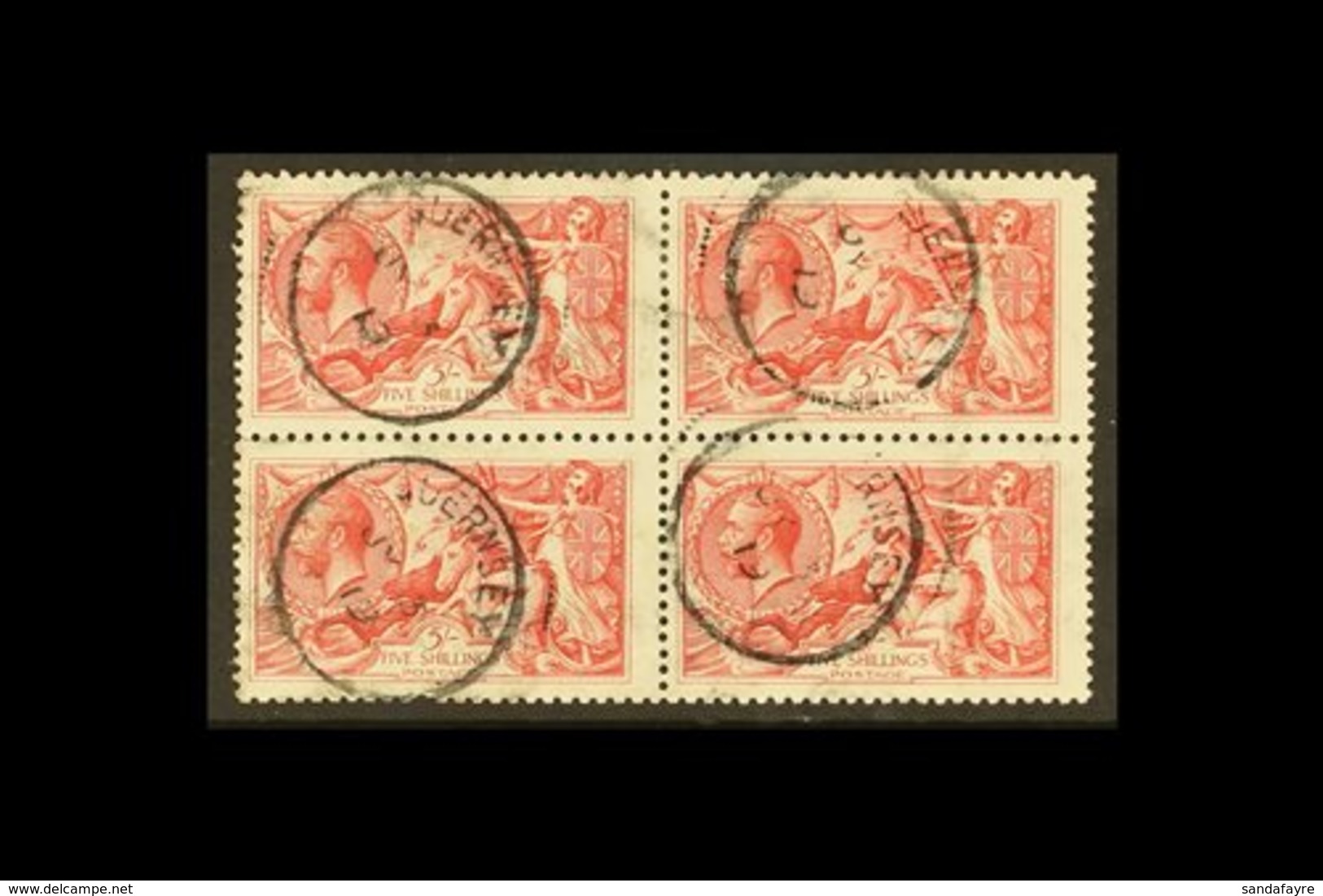 1918-19 5S SEAHORSE MULTIPLE.  5s Rose-red Seahorse, Bradbury Printing, SG 416, Good Used BLOCK OF FOUR With Guernsey, J - Unclassified