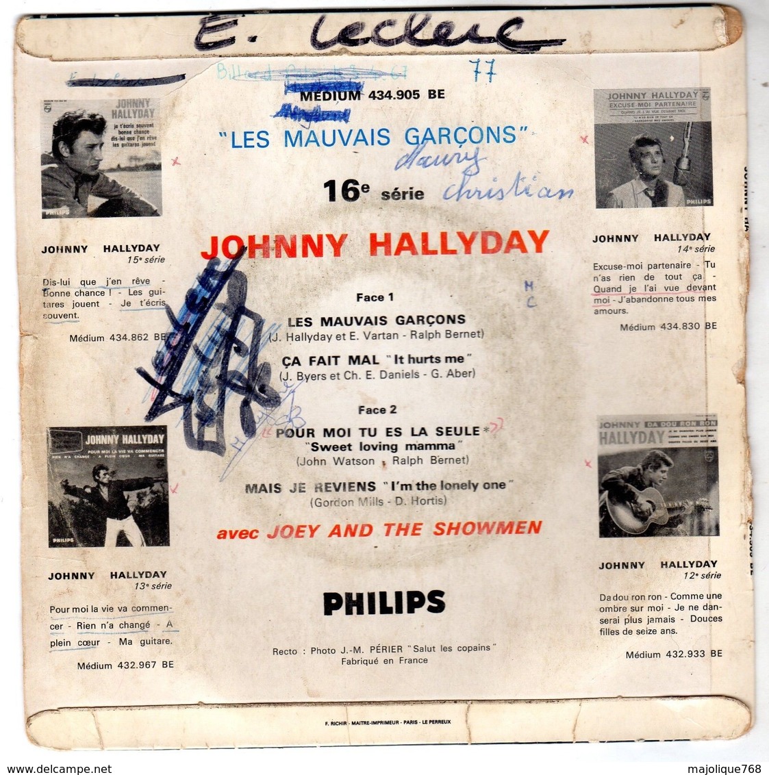 Disque De Johnny Hallyday - Les Mauvais Garçons - Philips 434.905 BE - 1964 - - Rock
