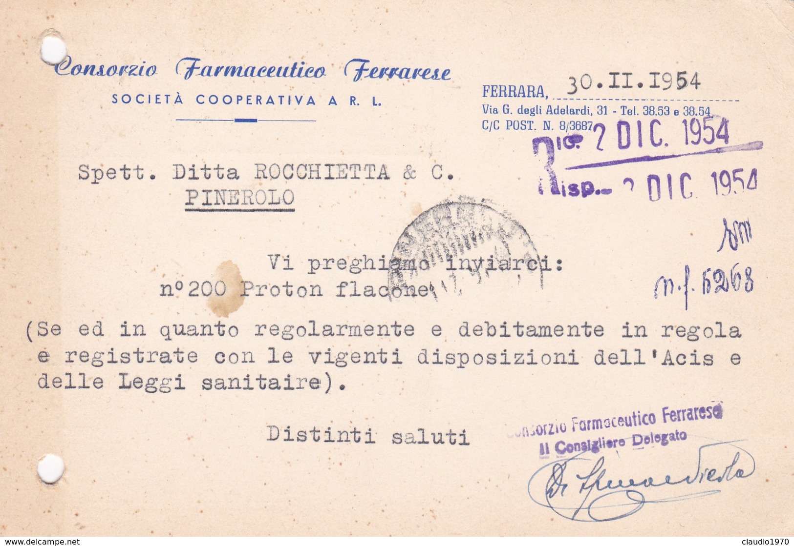 STORIA POSTALE - FERRARA- CONSORZIO FARMACEUTICO FERRARESE -VIAGGIATA PER PINEROLO ( TORINO) - 1946-60: Storia Postale