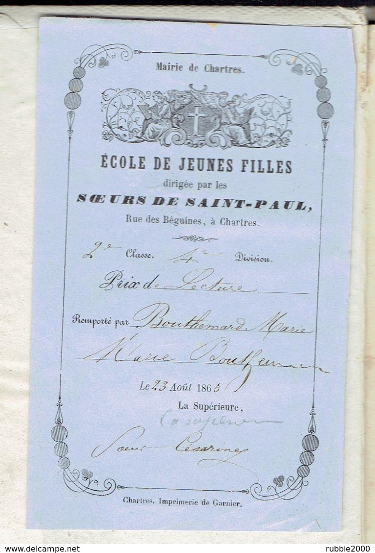 EX LIBRIS MAIRIE DE CHARTRES 1865 ECOLE DE JEUNES FILLES DES SOEURS DE SAINT PAUL POUR MARIE BOUTHEMARD EURE ET LOIR - Ex-libris