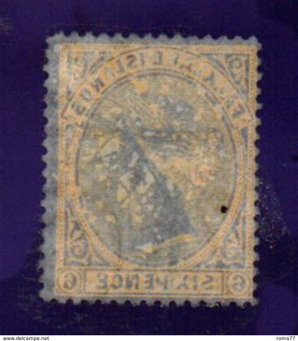 XP4636 - FALKLAND 1891 , 6 Pence  Yvert N. 13 Usato  (2380A) .  SPLENDIDO E CON FILIGRANA LETTERE - Falkland