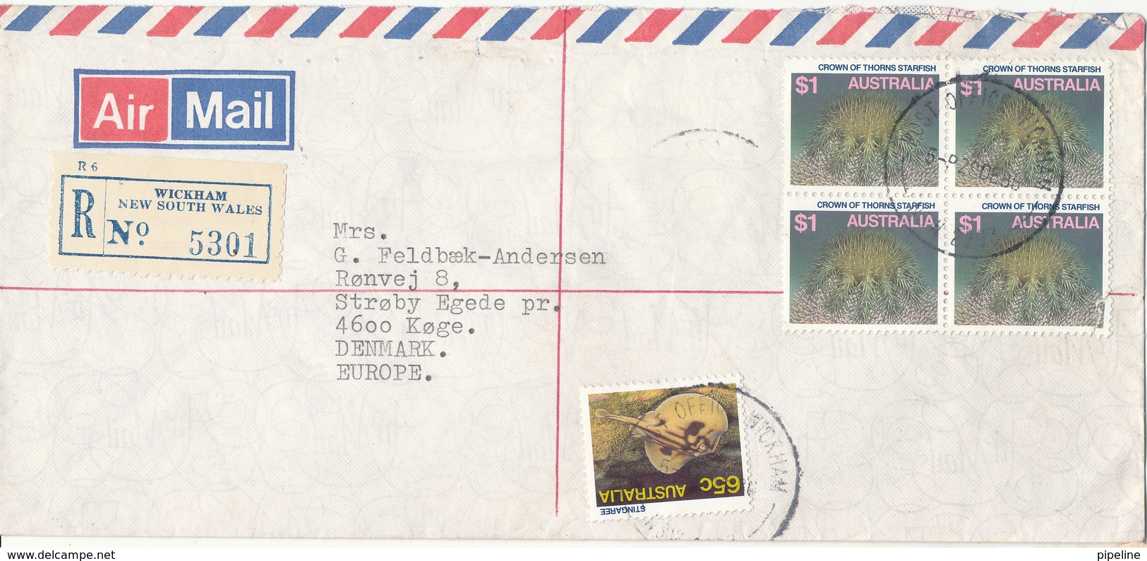 Australia Registered Air Mail Cover Sent To Denmark Wickham 1986 (1 Of The 1$ Stamps Is Damaged) - Lettres & Documents