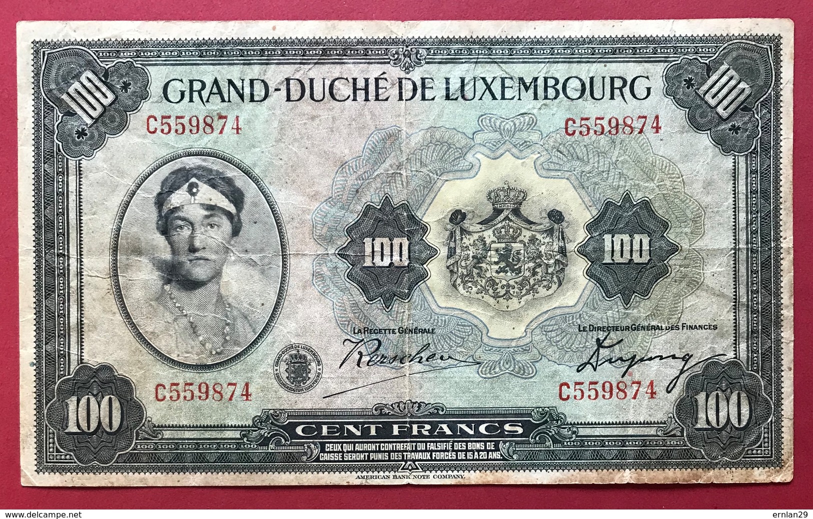 Luxembourg - Billet De Banque  100 Francs 1934 - Luxemburgo