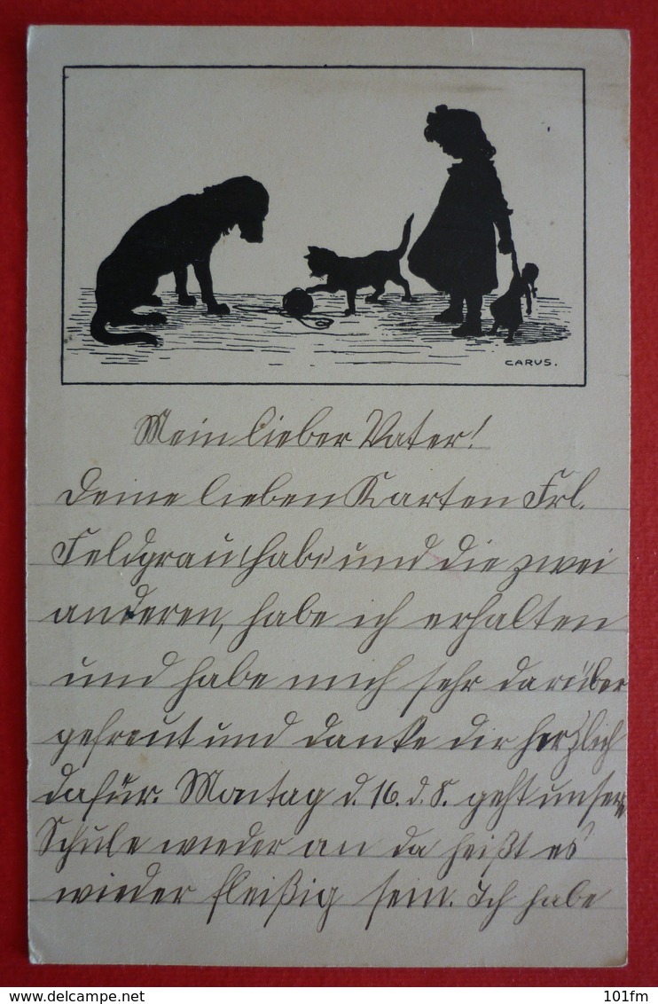 SILHOUETTE POSTCARD , DOG , CAT AND GIRL - Silhouettes