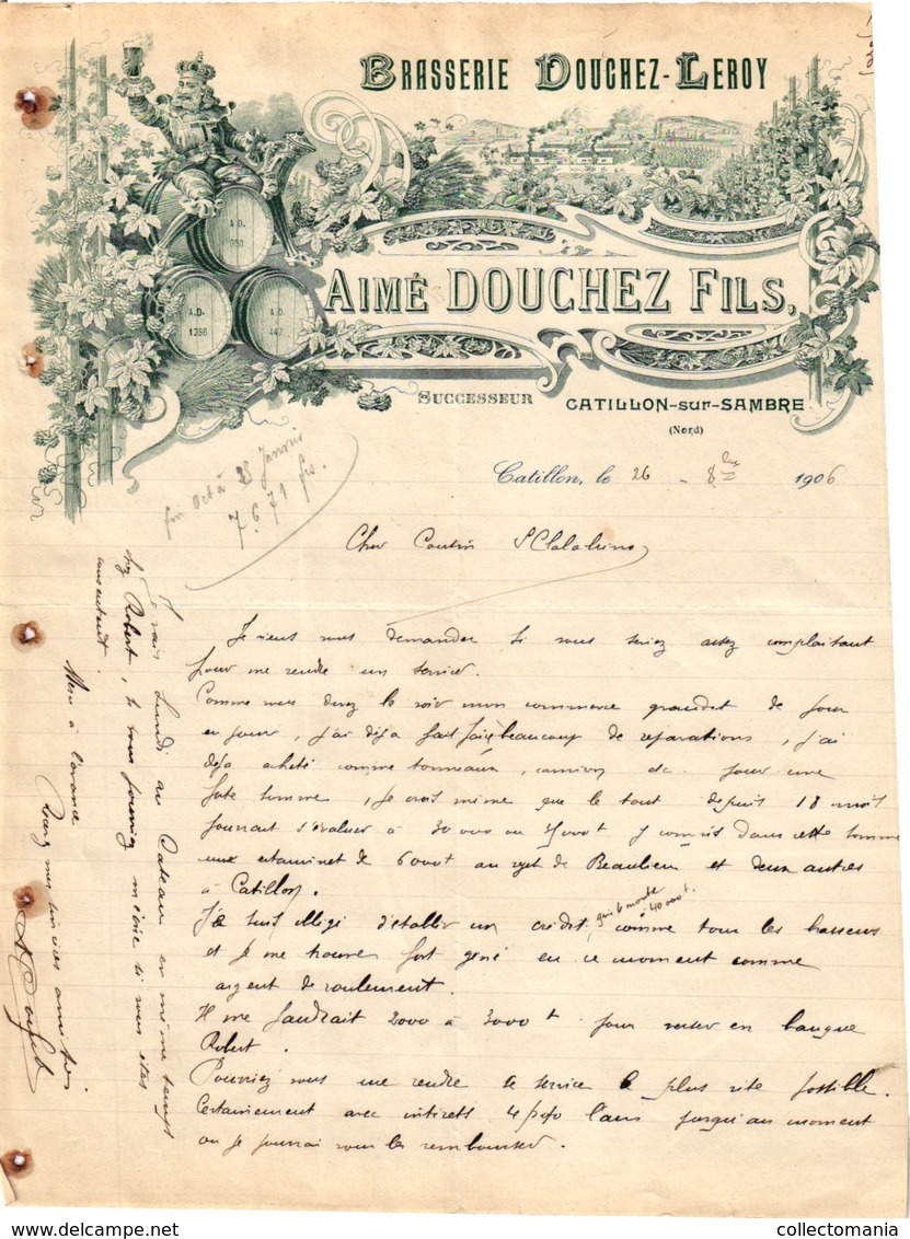 1 Faktuur Brasserie Douchez-Leroy Aimé Douchez Fils Catillon-sur-Sambre C1906 Hop Houblons Rameaux - Alimentaire