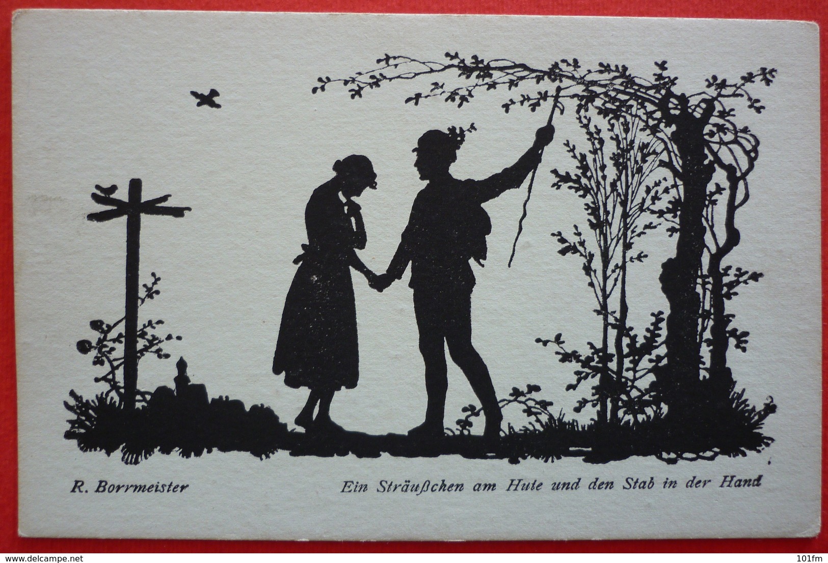 SILHOUETTE POSTCARD , R. BORRMEISTER - EIN STRAUSSCHEN AM HUTE UND DEN STAB IN DER HAND - Siluette