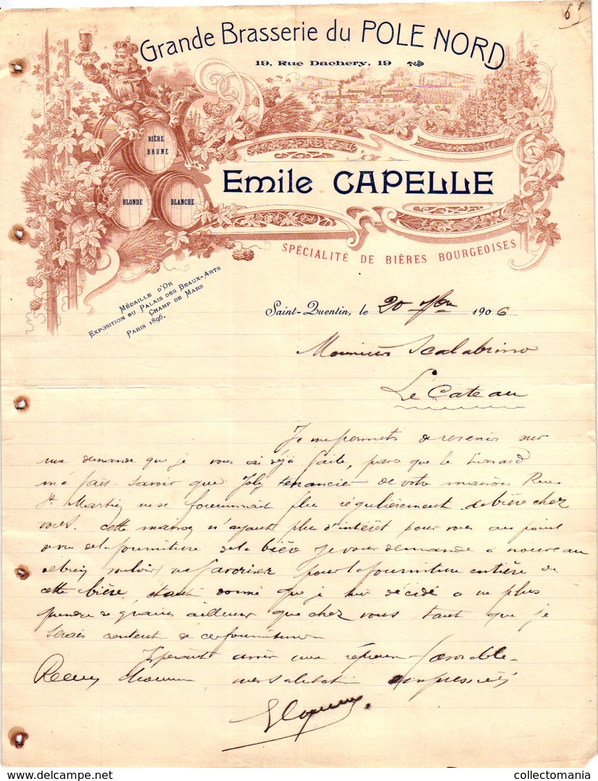 1 Faktuur Grande Brasserie Du POLE NORD  Emile Capelle Bières Bourgeoises Saint Quentin C1906 à Mr Scalabrino Le Cateau - Levensmiddelen