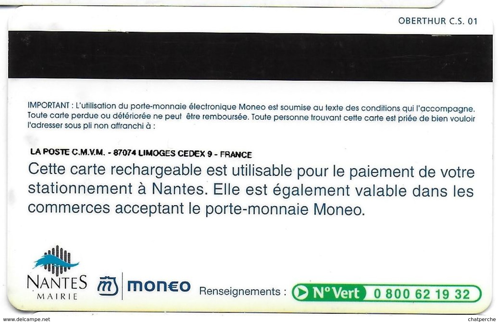 CARTE A PUCE CHIP CARD MONEO CARTE STATIONNEMENT VILLE NANTES  TRACES USAGE MAIS TTB - Monéo