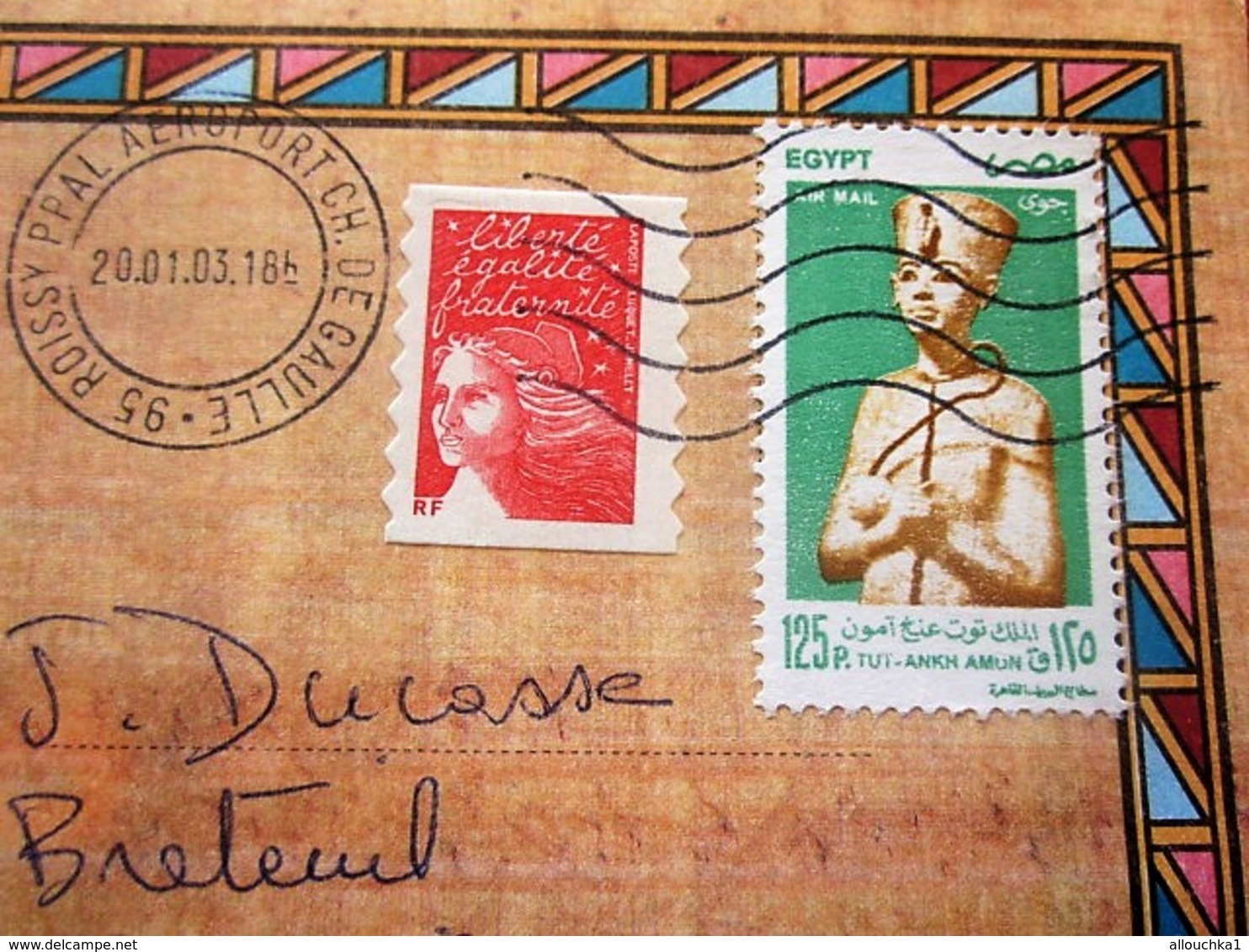 Curiosité Aff Composé Timbres Egyptien+français Posté Aéroport Orly CDG Plutot Qu'au Caire Lettre+Carte Postale Egypte - Briefe U. Dokumente