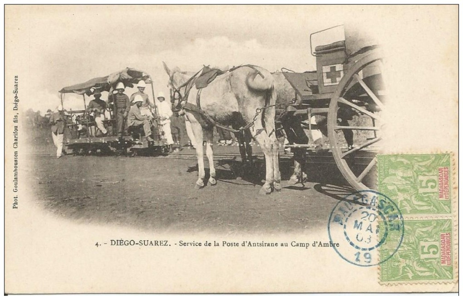 Service De Poste D'Antsirane Au Camp D'Ambre. Attelage Et Personnages Sur Wagon. Cachet Madagascar 19. Paire 5c Groupe - Lettres & Documents