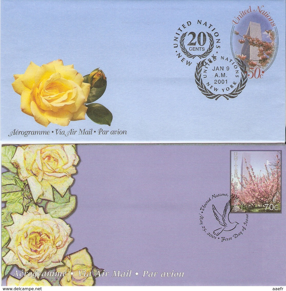 Nations-Unies 2001 -  2 Aérogrammes FDC - Roses - Fleurs - Poste Aérienne