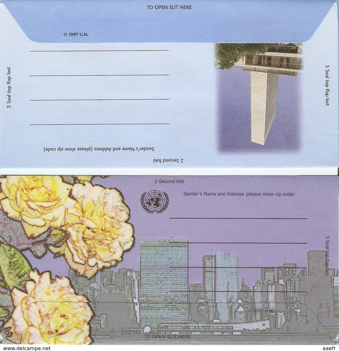 Nations-Unies 2001 -  2 Aérogrammes FDC - Roses - Fleurs - Poste Aérienne