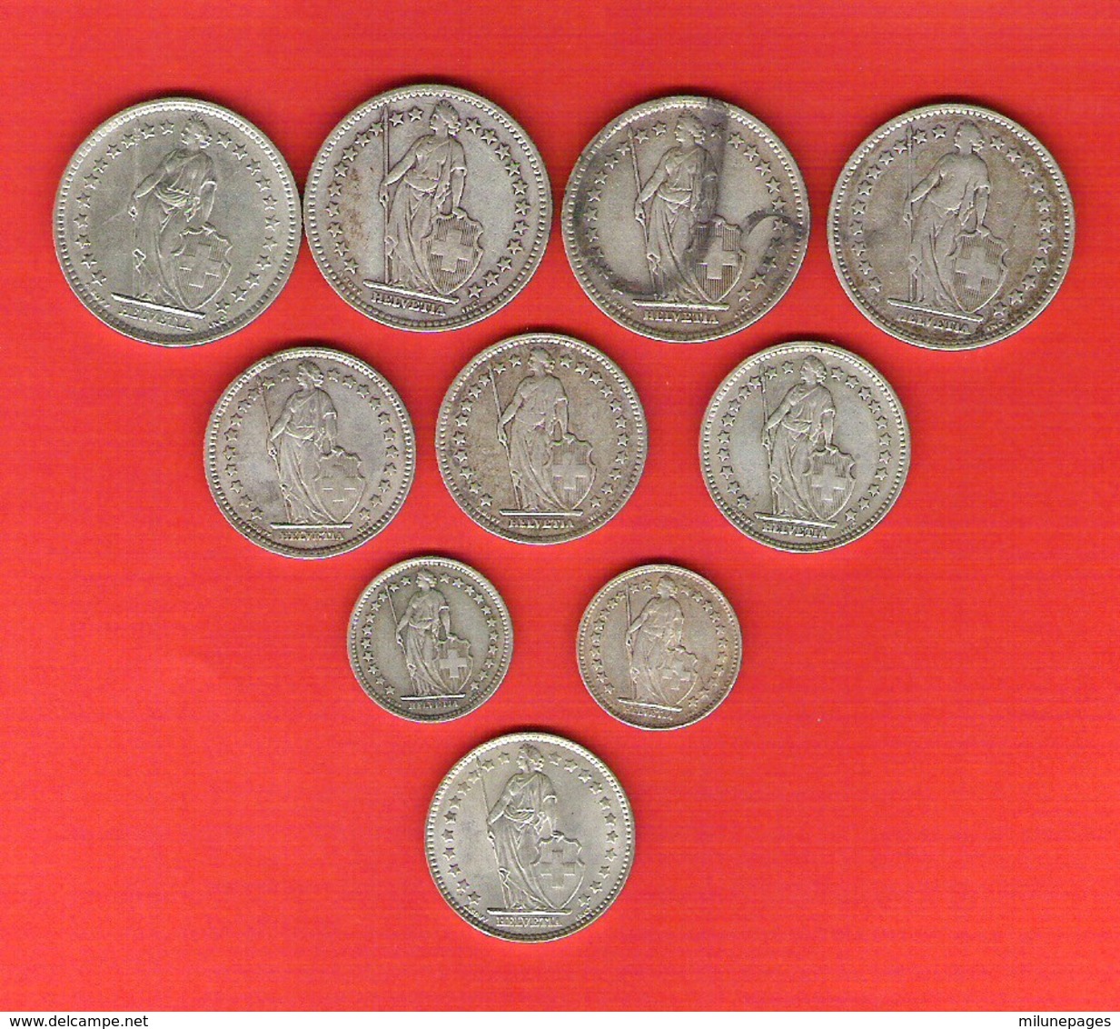 Suisse Switzerland Lot 10 Pièces En Argent Helvetia Debout 2 Frcs 1 Frc 1/2 Franc 66 Gr.au Total - Altri & Non Classificati