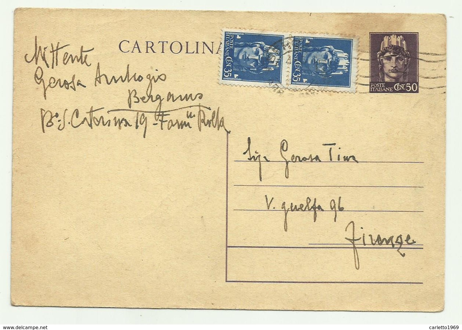 CARTOLINA POSTALE FRANCOBOLLO  CENTESIMI 50 +2 DA CENTESIMI 35 FG - Storia Postale