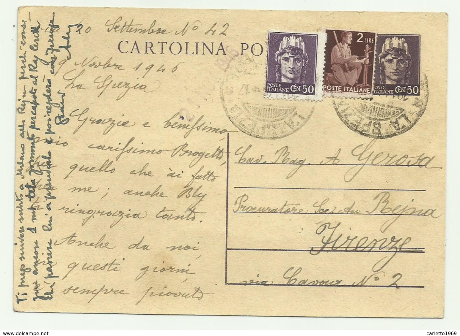 CARTOLINA POSTALE F.BOLLO LIRE 2 + 2 DA 50 CENTESIMI  1946 FG - Usati