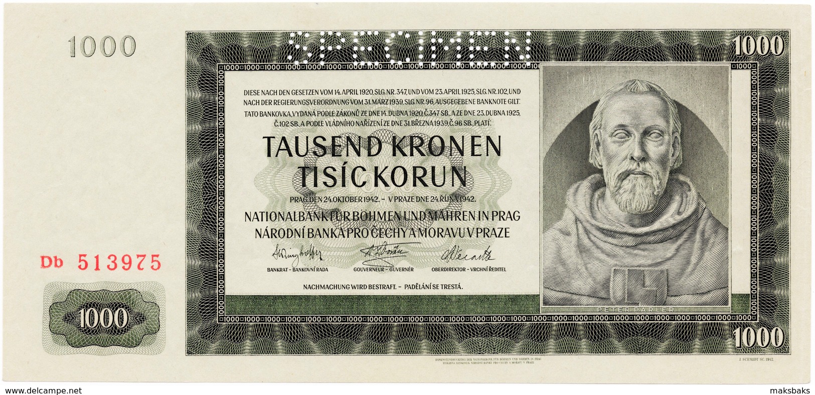 Bohemia & Moravia 1000 Korun 1942, SPECIMEN UNC - Tsjechoslowakije