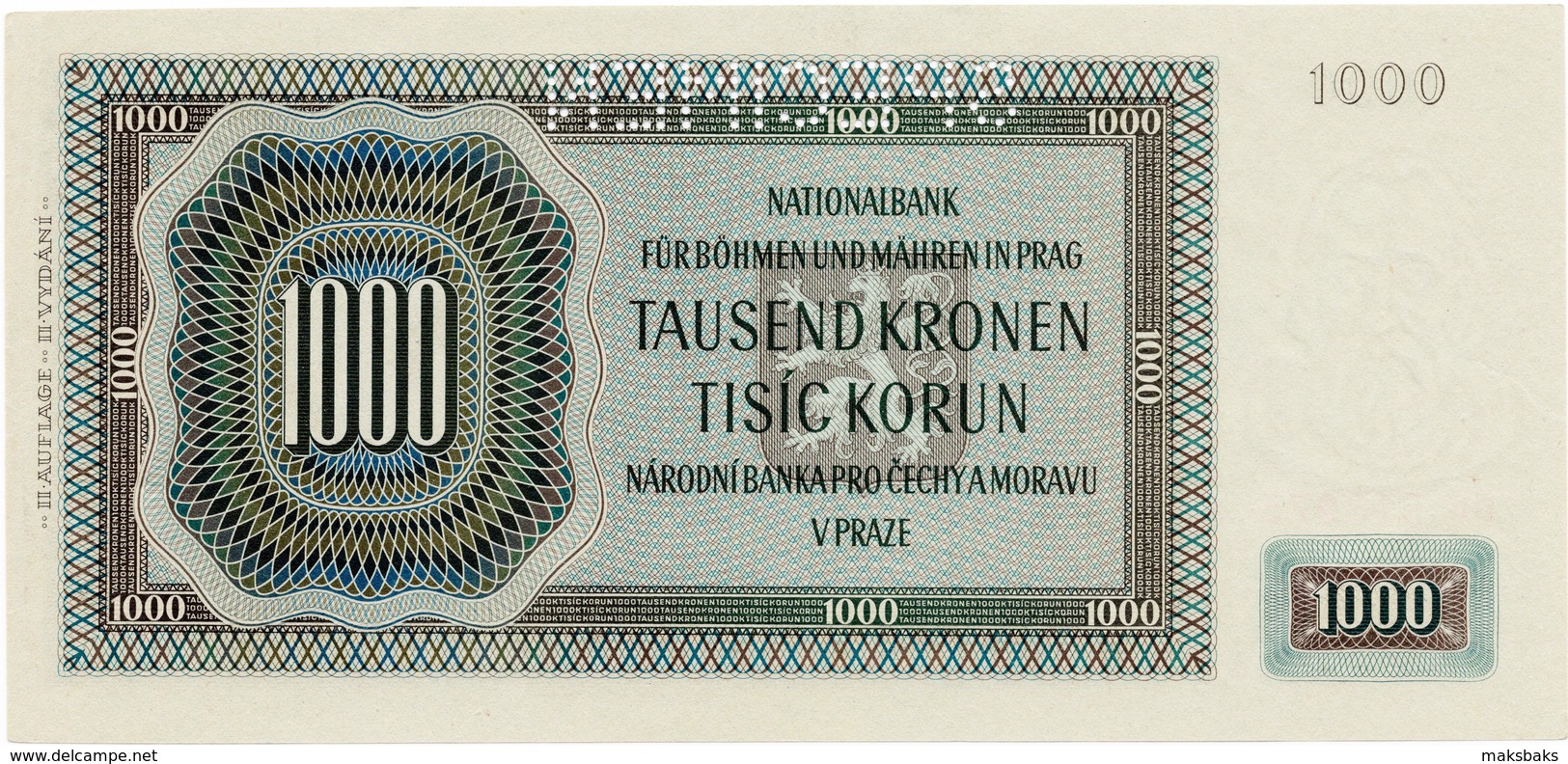 Bohemia & Moravia 1000 Korun 1942, SPECIMEN UNC - Tsjechoslowakije