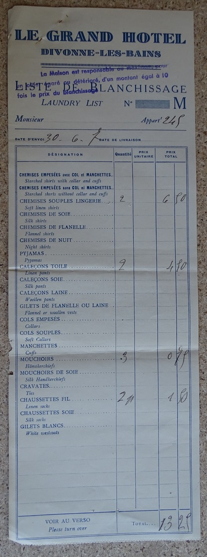 Facture Ancienne - Le Grand Hotel - Divonne Les Bains - Liste De Blanchissage (30.6.7) - 1900 – 1949