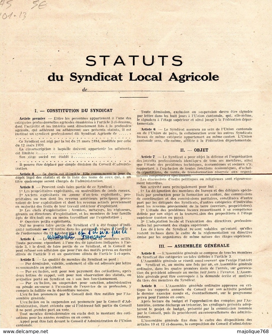 Vieux Papier Ancien Statuts Du Syndicat Local Agricole Région De L’Eure - Historische Dokumente