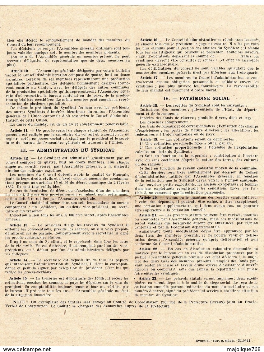 Vieux Papier Ancien Statuts Du Syndicat Local Agricole Région De L’Eure - Historische Dokumente