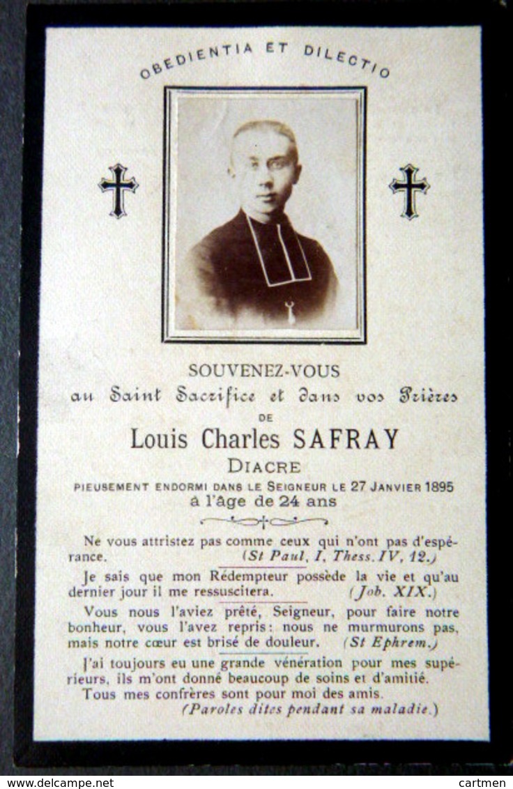 CARTE DECES MEMORANDUM FAIRE PART ECCLESIASTIQUE   DIACRE LOUIS CHARLES SAFRAY DECEDE EN 1895 - Documents Historiques