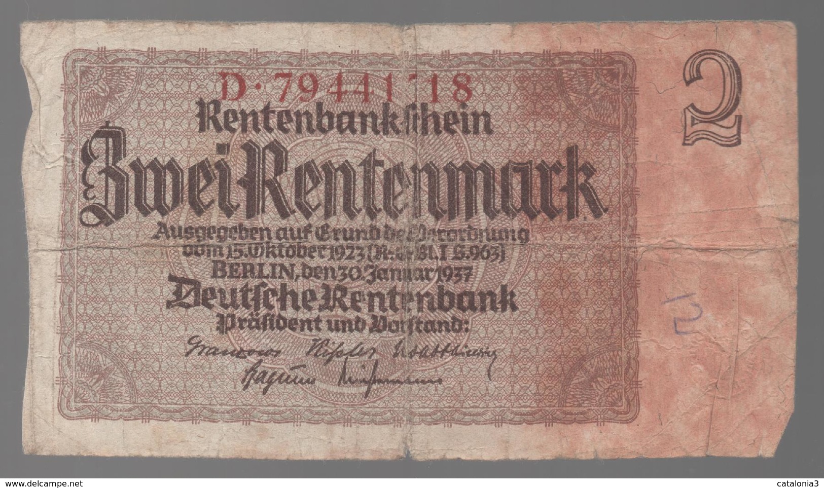 ALEMANIA - GERMANY -  2 Rentenmark 1937 - 100 Deutsche Mark