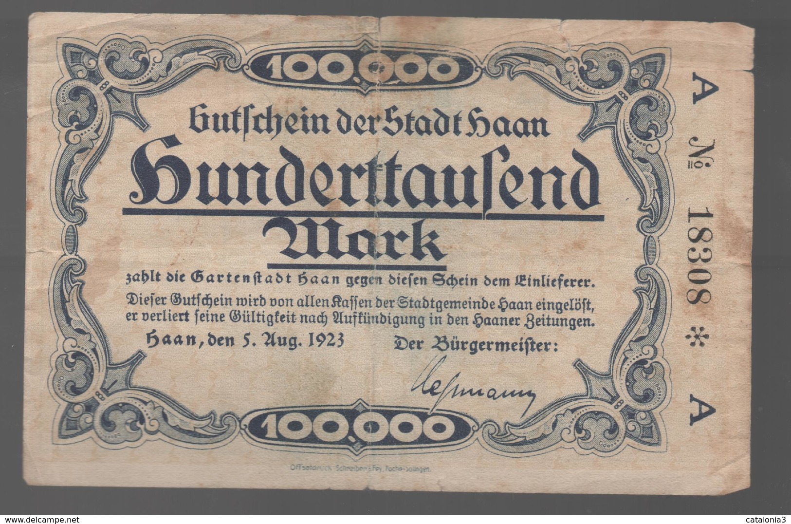 ALEMANIA - GERMANY -  100.000  Mark 1923 HAAN - 100 Deutsche Mark