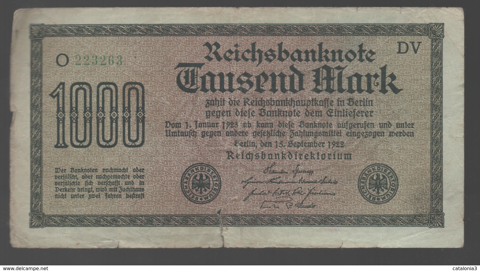 ALEMANIA - GERMANY -  1000 Mark 1922  P-76 - 100 Deutsche Mark