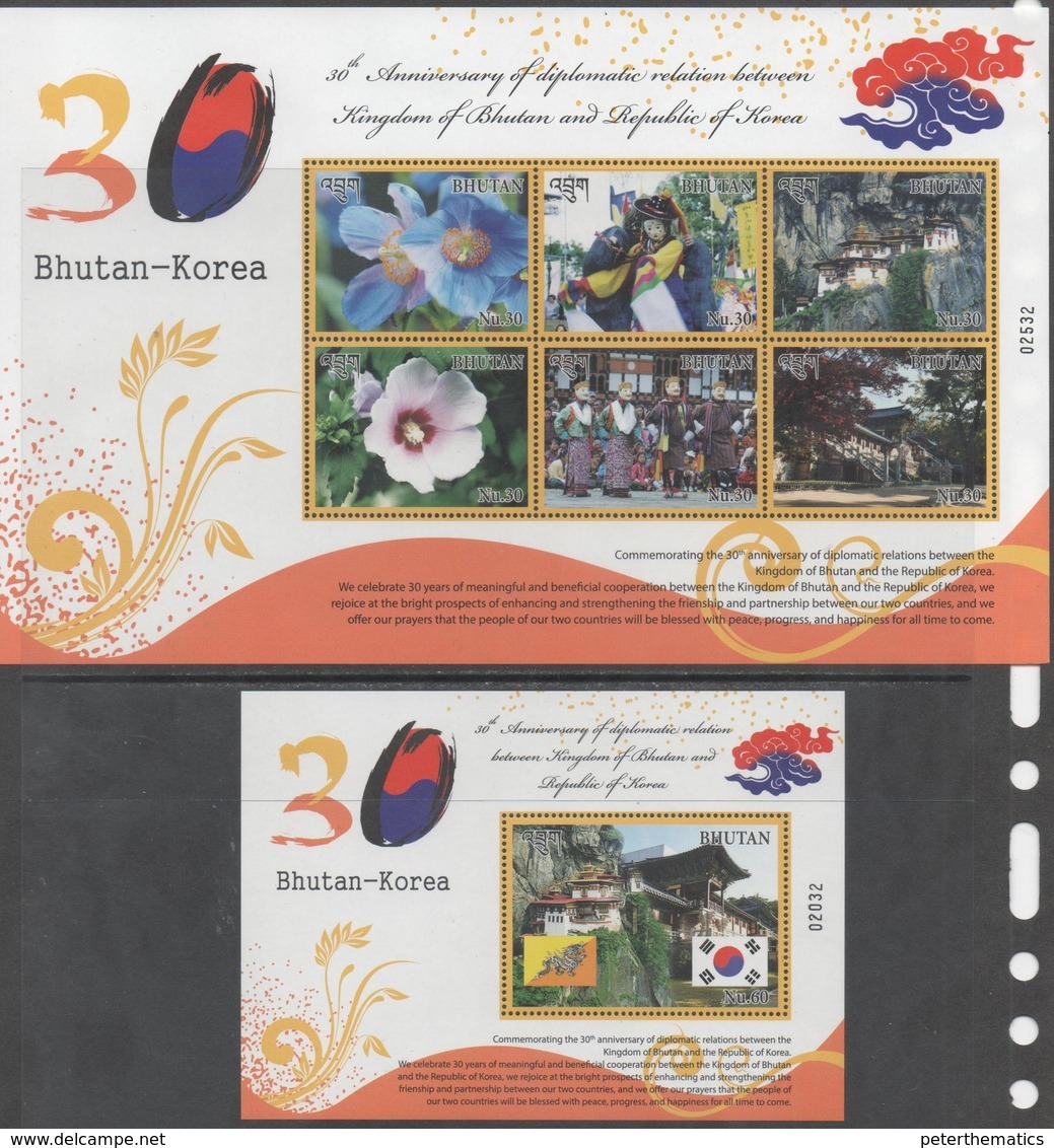 BHUTAN, 2017, MNH, 30 YEARS OF DIPLOMATIC RELATIONS WITH KOREA, COSTUMES, TEMPLES, FLOWERS, SHEETLET+ S/SHEET - Costumes