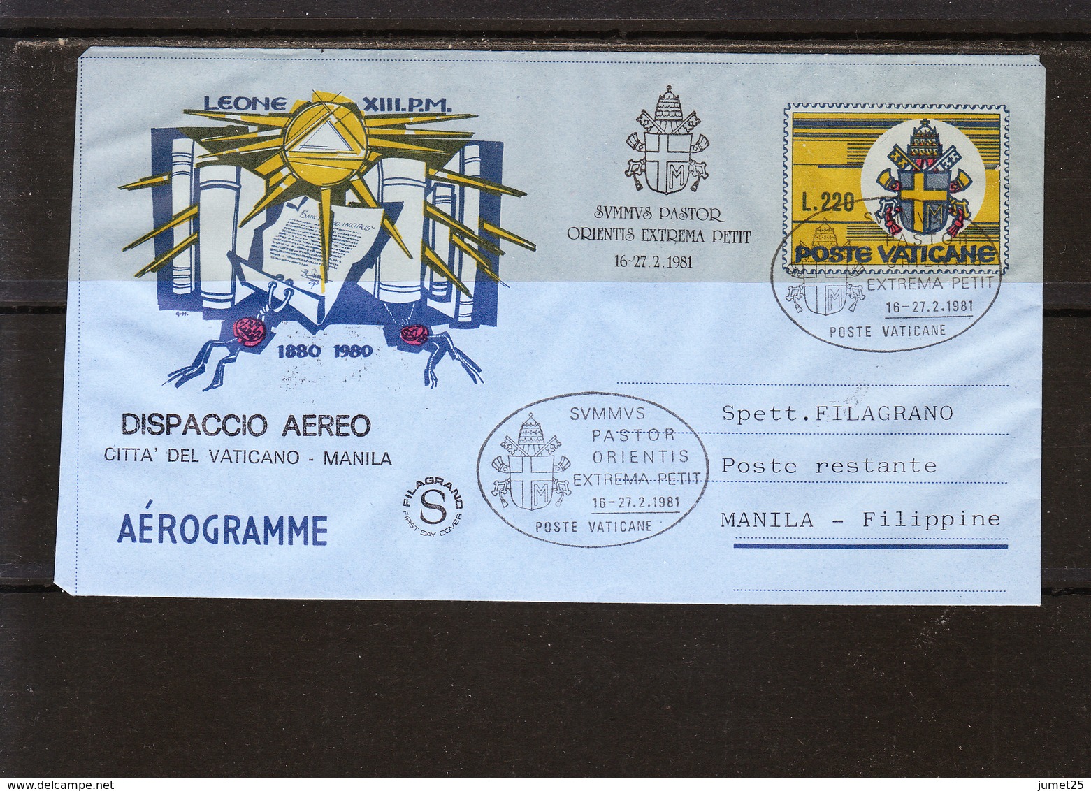 Vatican - Aérogramme - Dispaccio Aéréo - Cité Del Vaticano - Manila - FDC