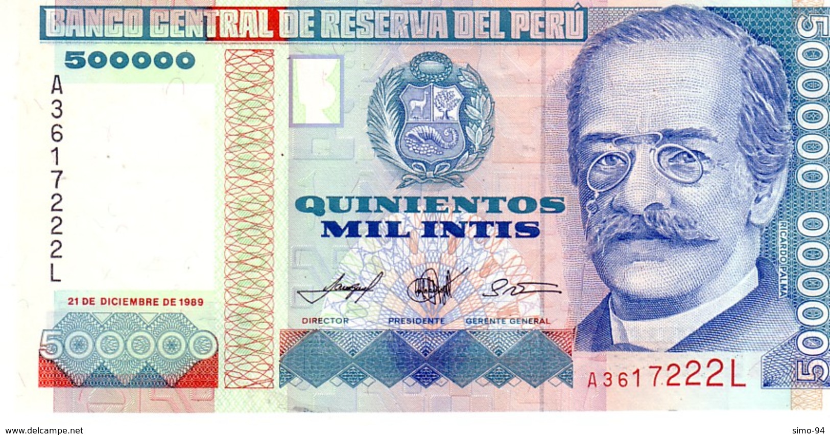 Peru P.147 500000 Intis 1989  Unc - Perù