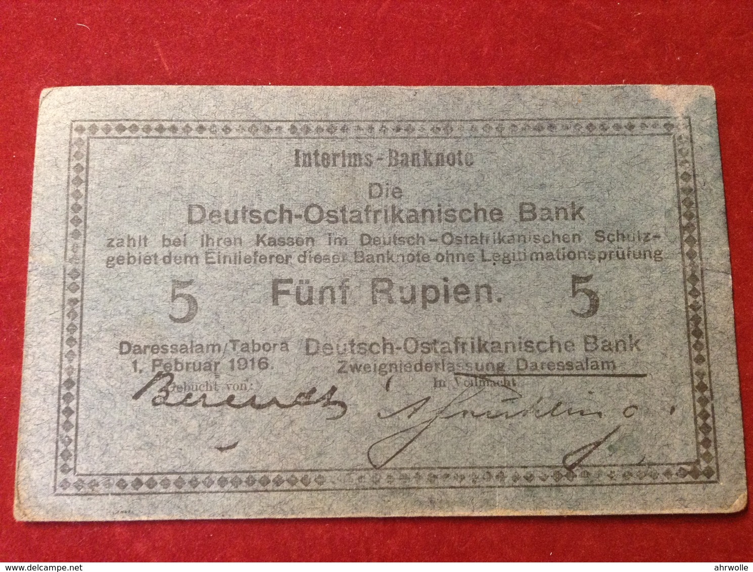 Interims Banknote Deutsch Ostafrikanische Bank 5 Rupien Daressalam Tabora 1916 Rosenberg 933 - Deutsch-Ostafrikanische Bank