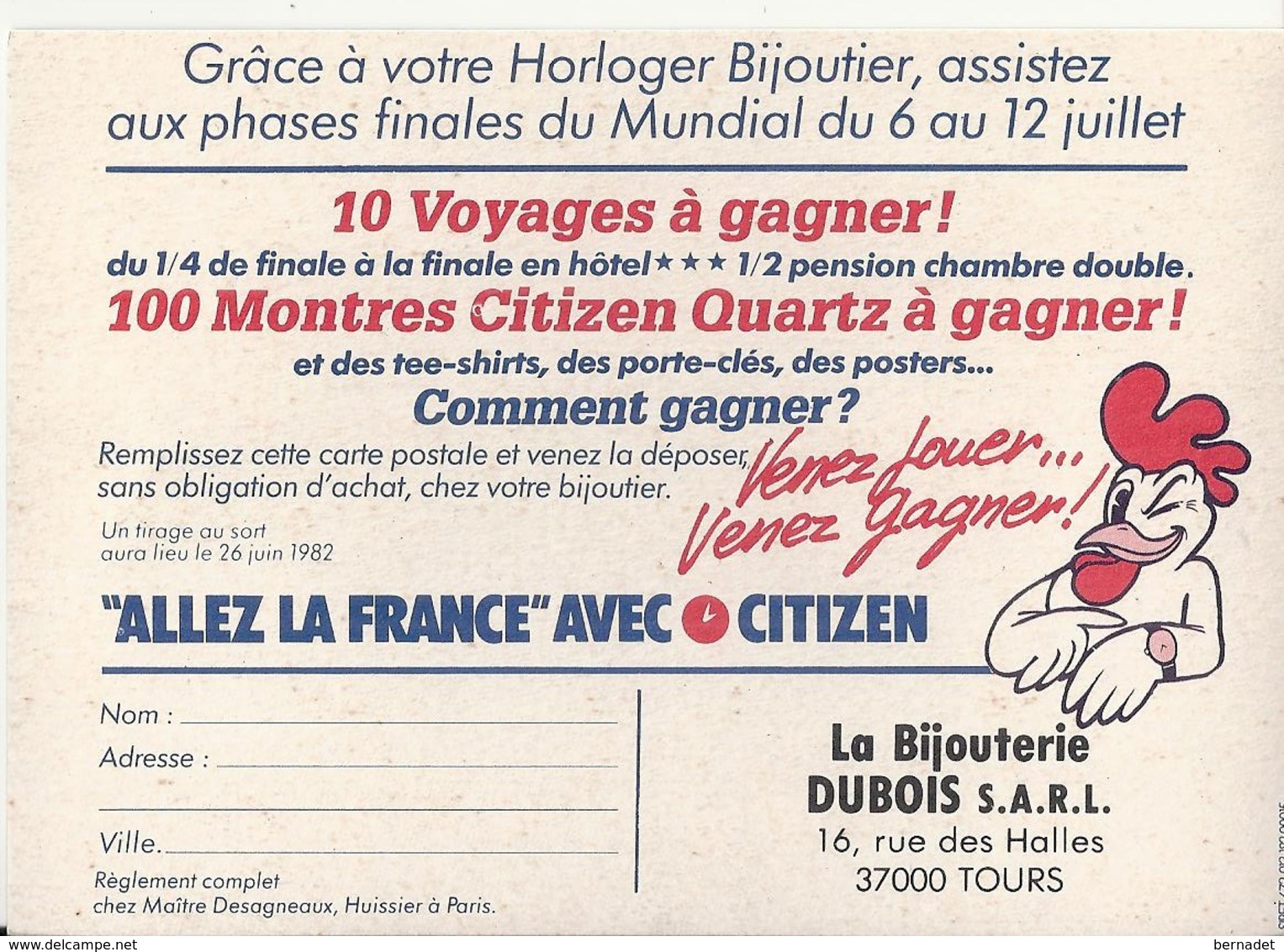 " ALLEZ LA FRANCE "  AVEC CITIZEN .. BIJOUTERIE DUBOIS .. 16 RUE DES HALLES  .. 37000 TOURS ... 1982 . PLATINI . GIRES . - Calcio