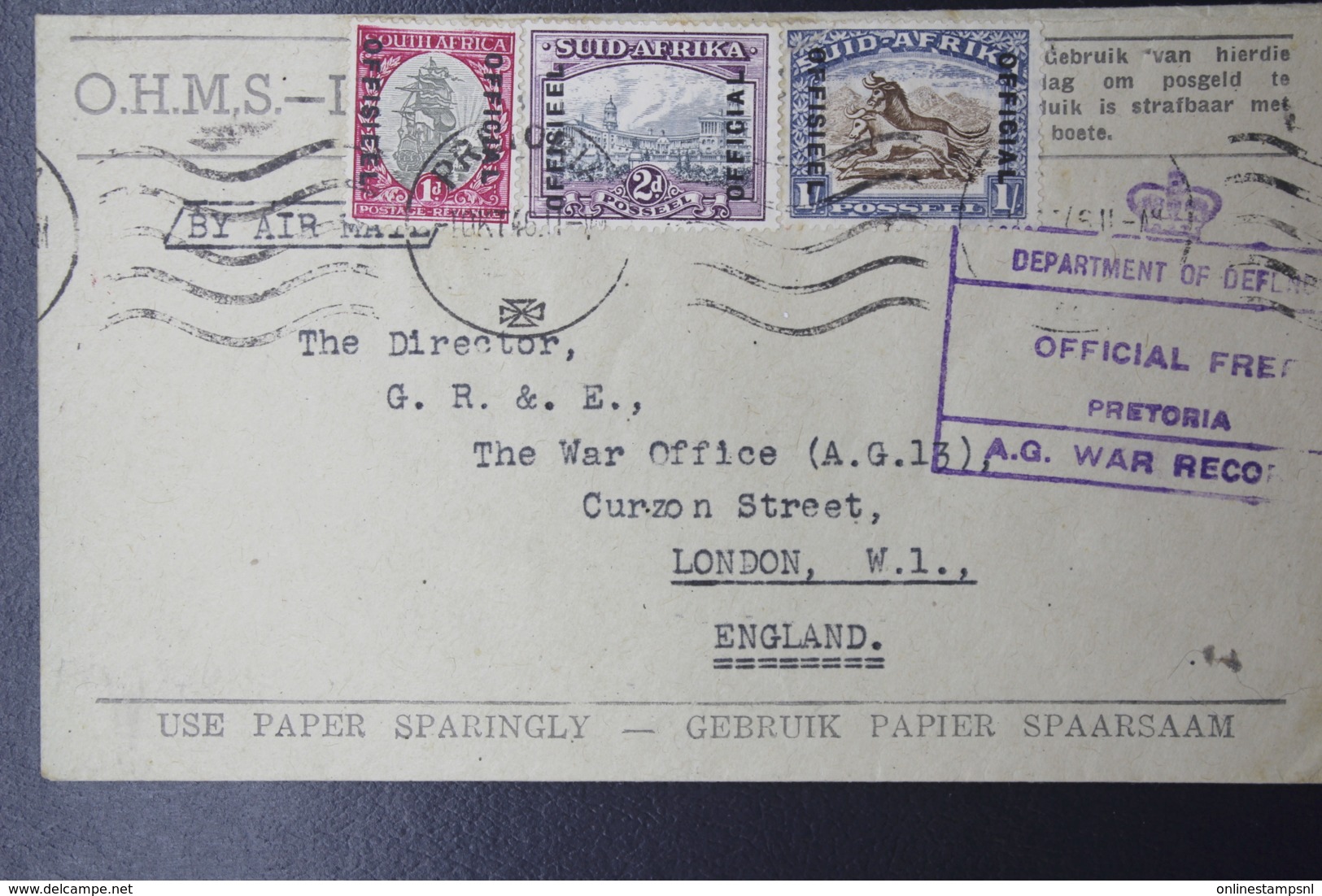 South Africa: OHMS Cover Ministry Of Defence Pretoria To London Mixed Franking , By Air Mail 1946 - Storia Postale