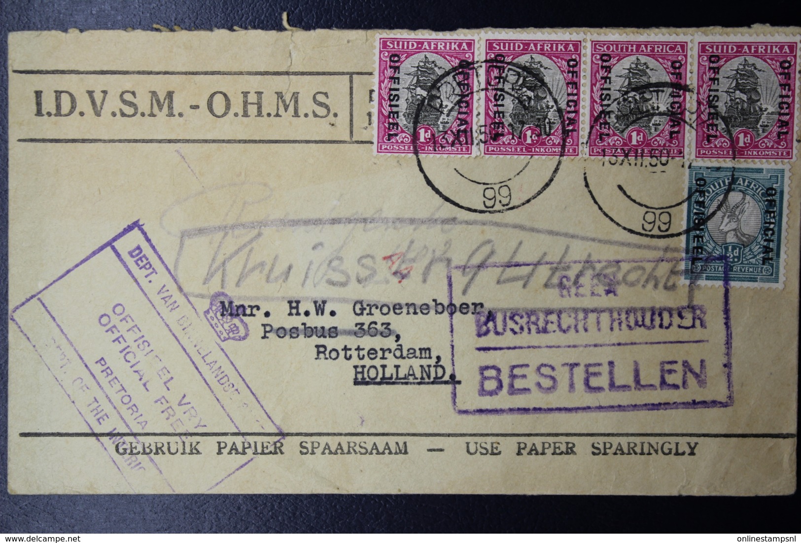 South Africa: OHMS Cover Ministry Of Int. Affairs Pretoria To Rotterdam Mixed Franking , By Air Mail 19506 - Storia Postale