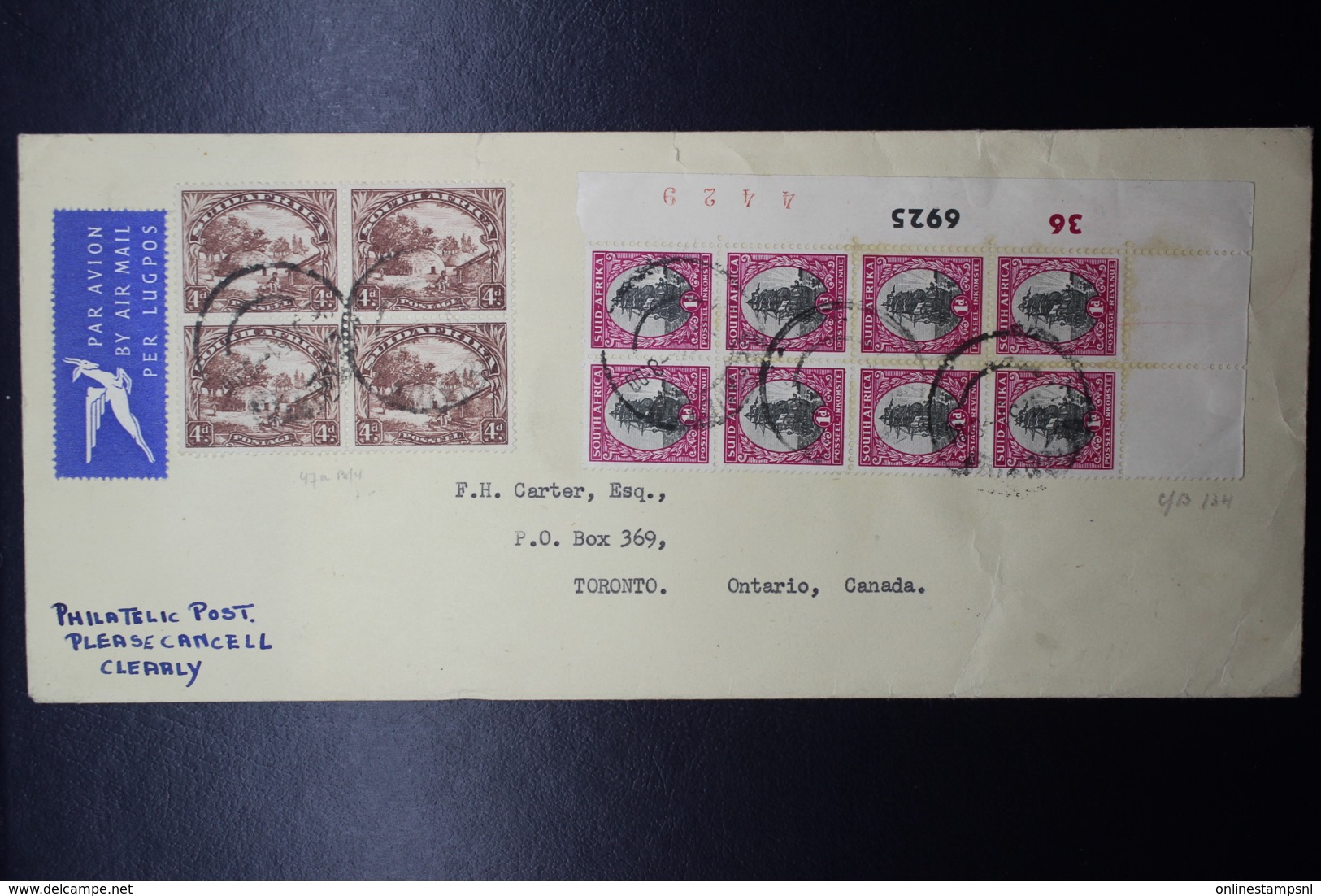 South Africa:  Corner Strip Of 8 Incl Printer Marks And 4-block To Toronto Canada Air Mail - Briefe U. Dokumente