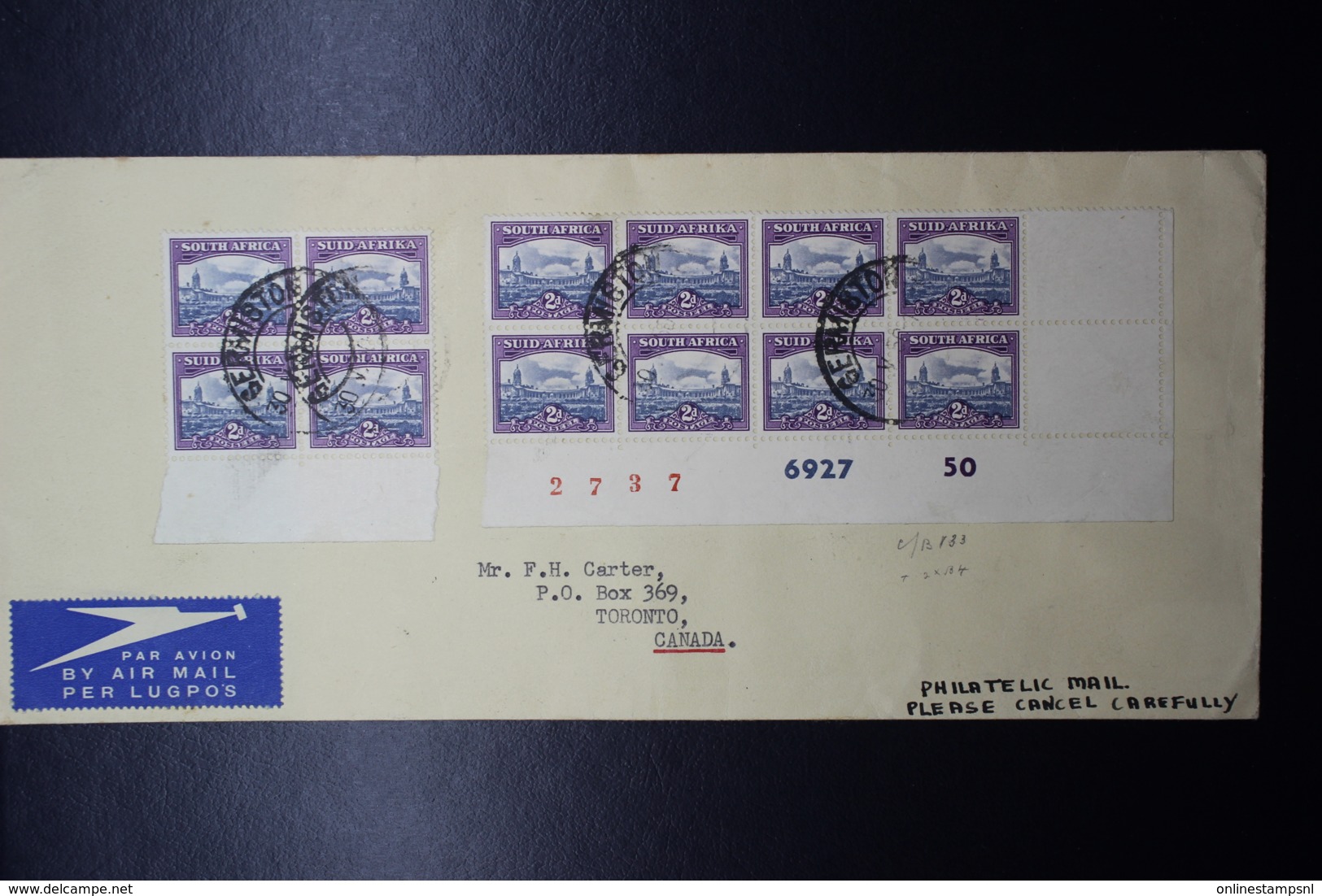 South Africa:  Corner Strip Of 8 Incl Printer Marks And 4-block To Toronto Canada Air Mail 1950 - Covers & Documents