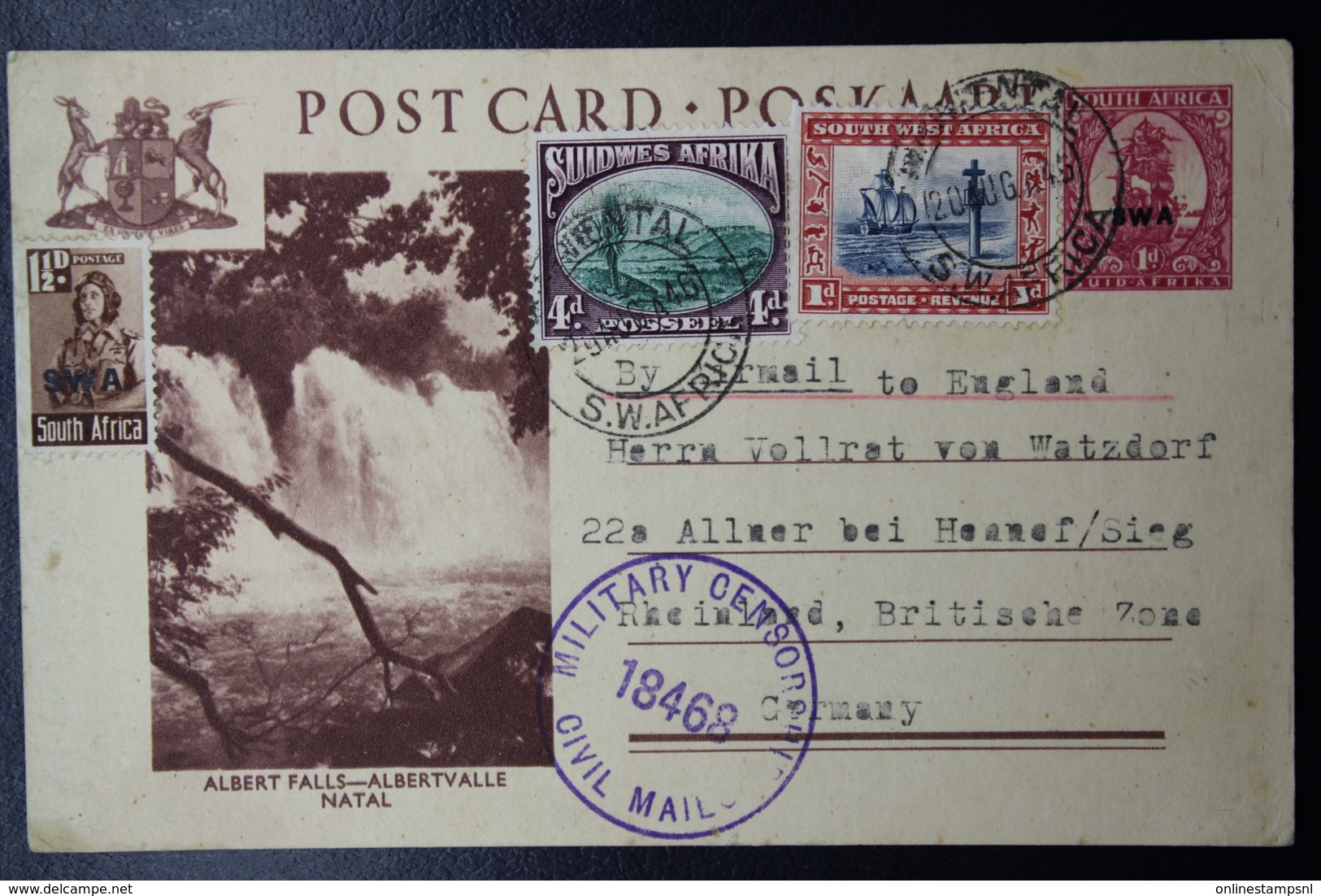 South West Africa:  Postcard Nr 31 Uprated Censored Airmail 20-8-1946 Mariental -> Germany - Südwestafrika (1923-1990)