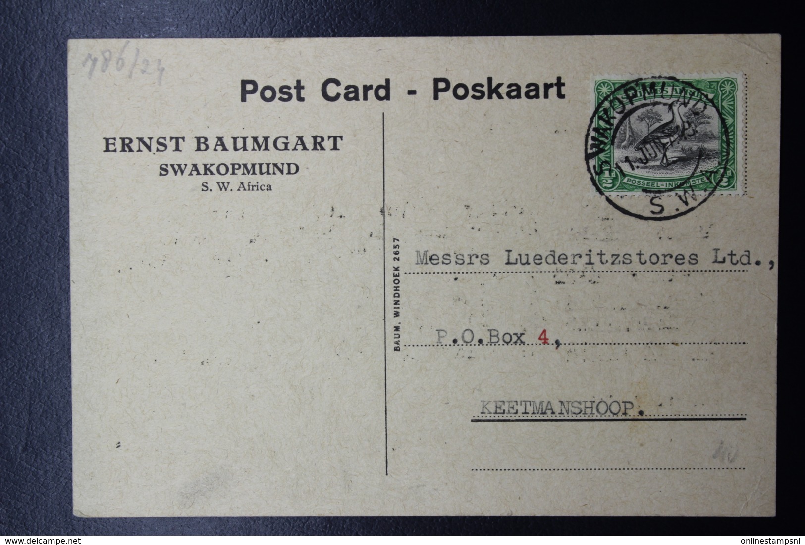 South West Africa: Postcard Swakopmund -> Keetmanshoop 11-6-1949 - Südwestafrika (1923-1990)