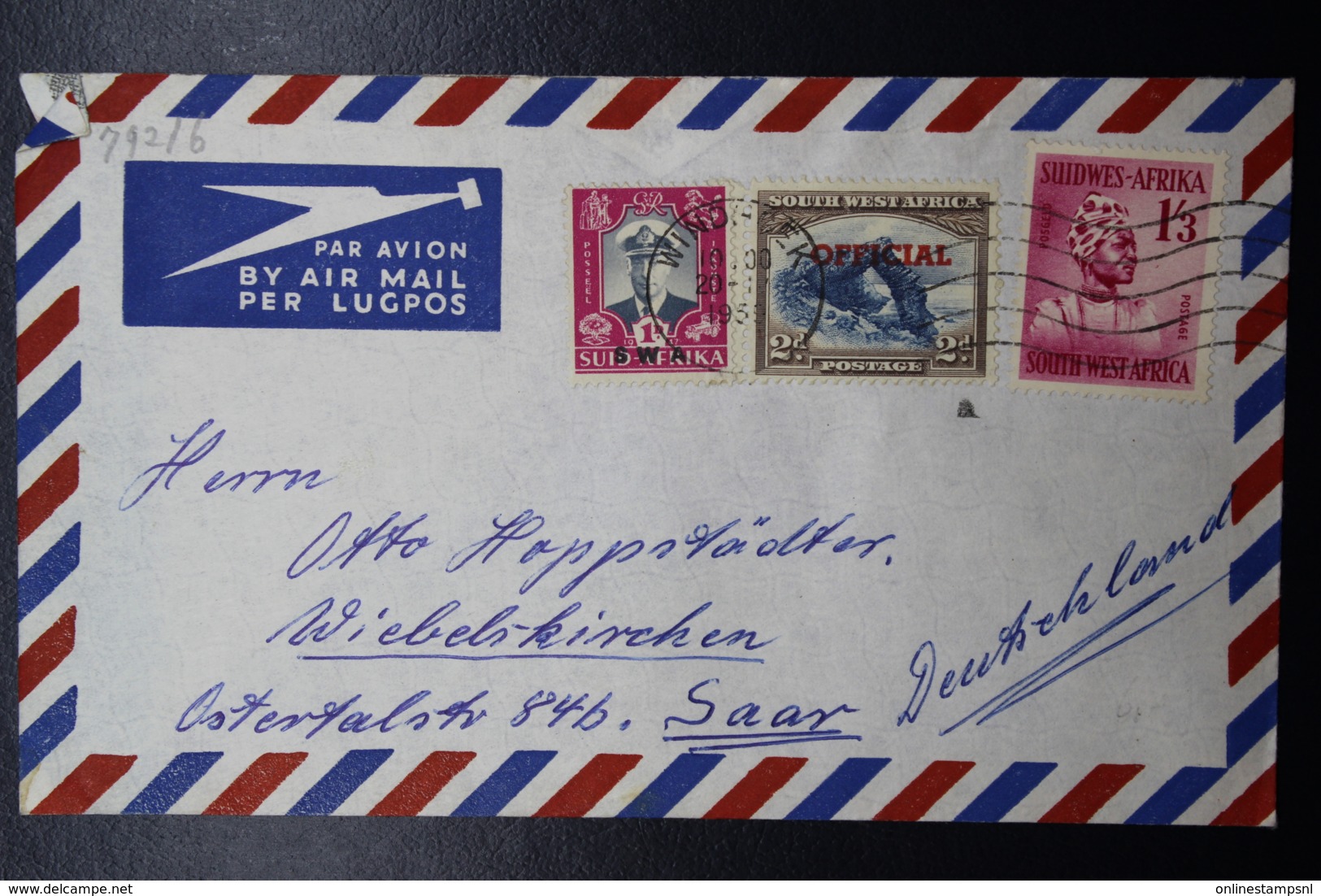 South West Africa: Airmail Cover Windhoek-> Germany  Saar Mixed Stamps Official + Normal  1939 - Südwestafrika (1923-1990)