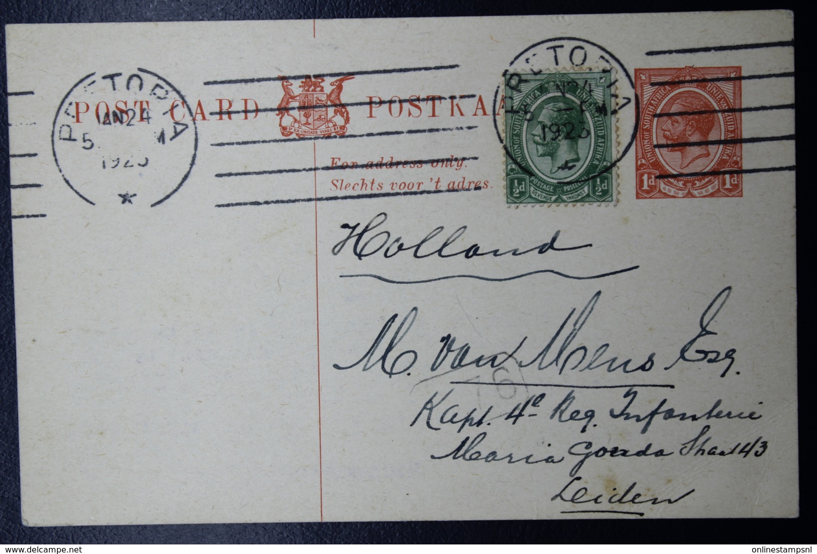 South Africa: Postcard P7  Pretoria To Leiden Holland   24-1-1923 Uprated - Brieven En Documenten