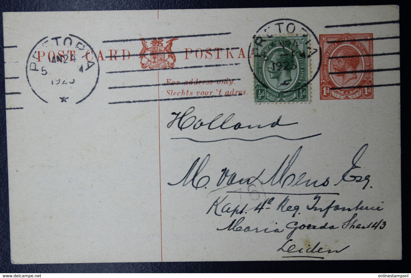 South Africa: Postcard P7  Pretoria To Leiden Holland   24-1-1923 Uprated - Covers & Documents