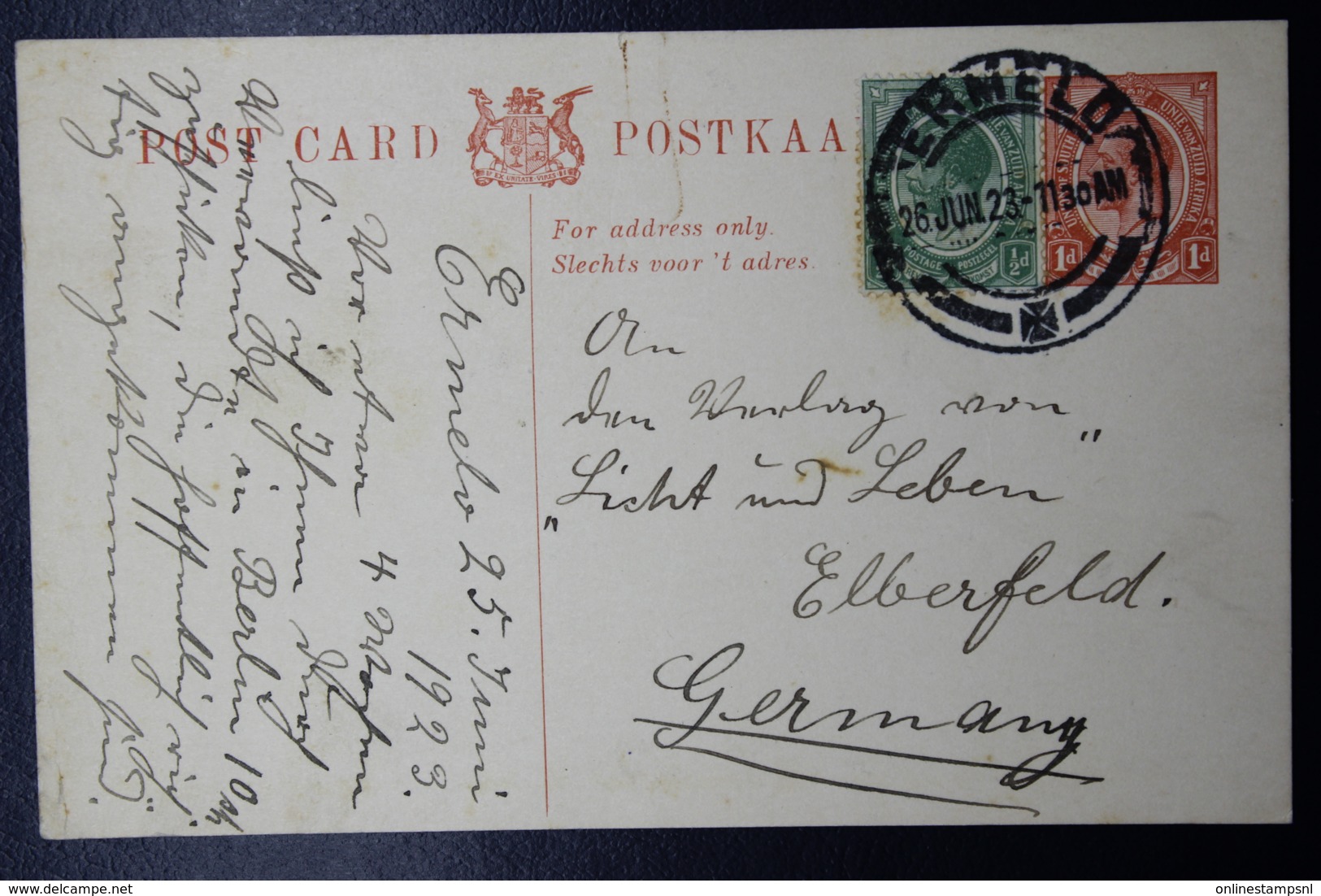 South Africa: Postcard P7  Ermelo -> Germany 27-6-1923 Uprated - Briefe U. Dokumente