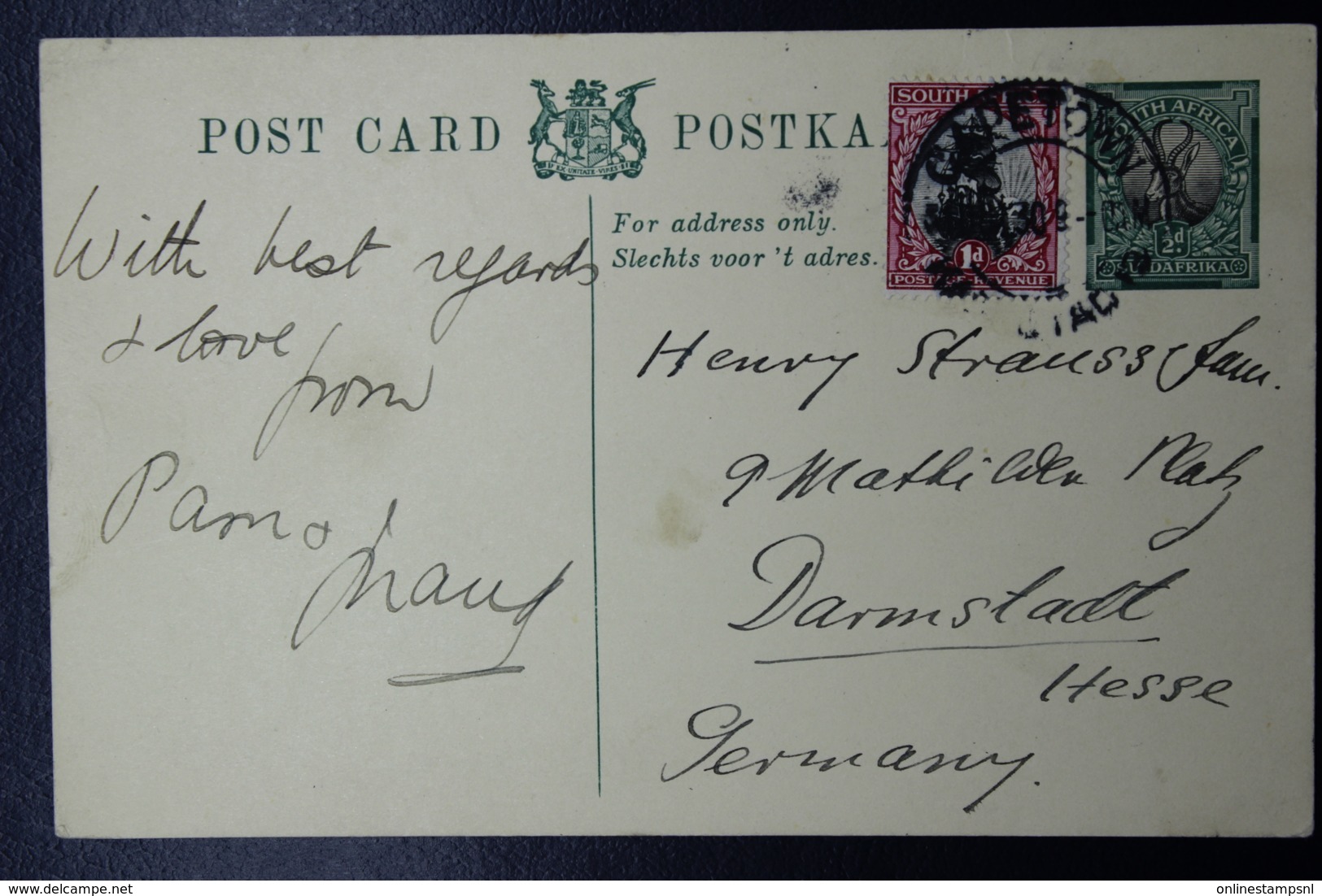 South Africa: Postcard P11 Cape Town -> Darmstadt  Uprated 1930 - Cartas