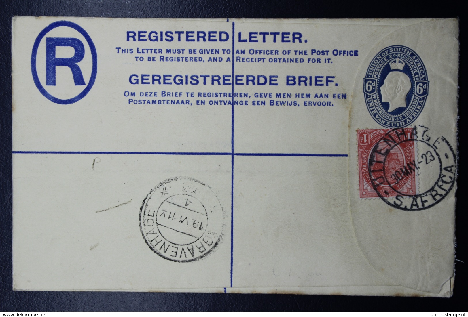 South Africa: Registered Cover Uitenhage -> The Hague 30-5- 1923  HG 5 Uprated - Covers & Documents