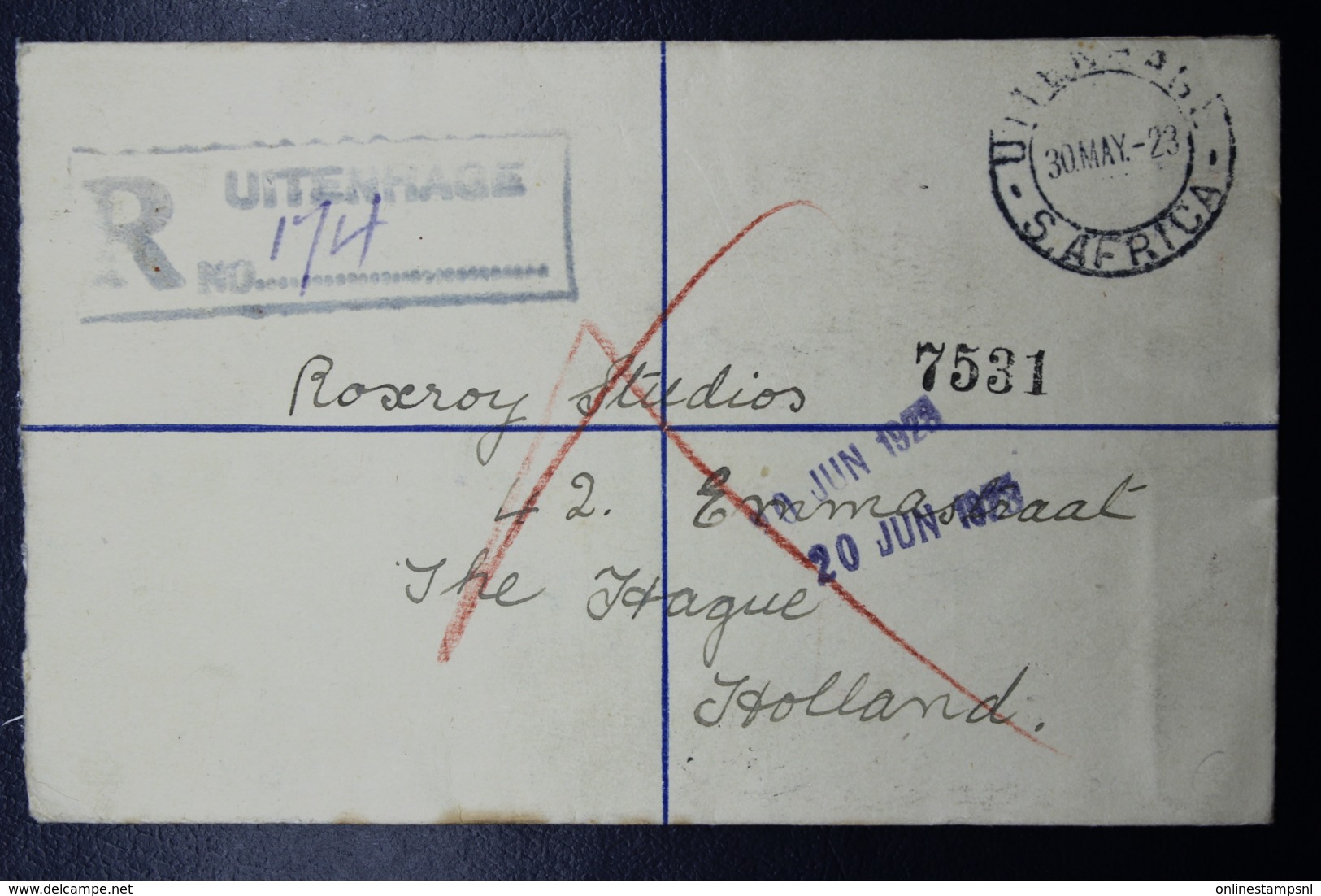 South Africa: Registered Cover Uitenhage -> The Hague 30-5- 1923  HG 5 Uprated - Brieven En Documenten