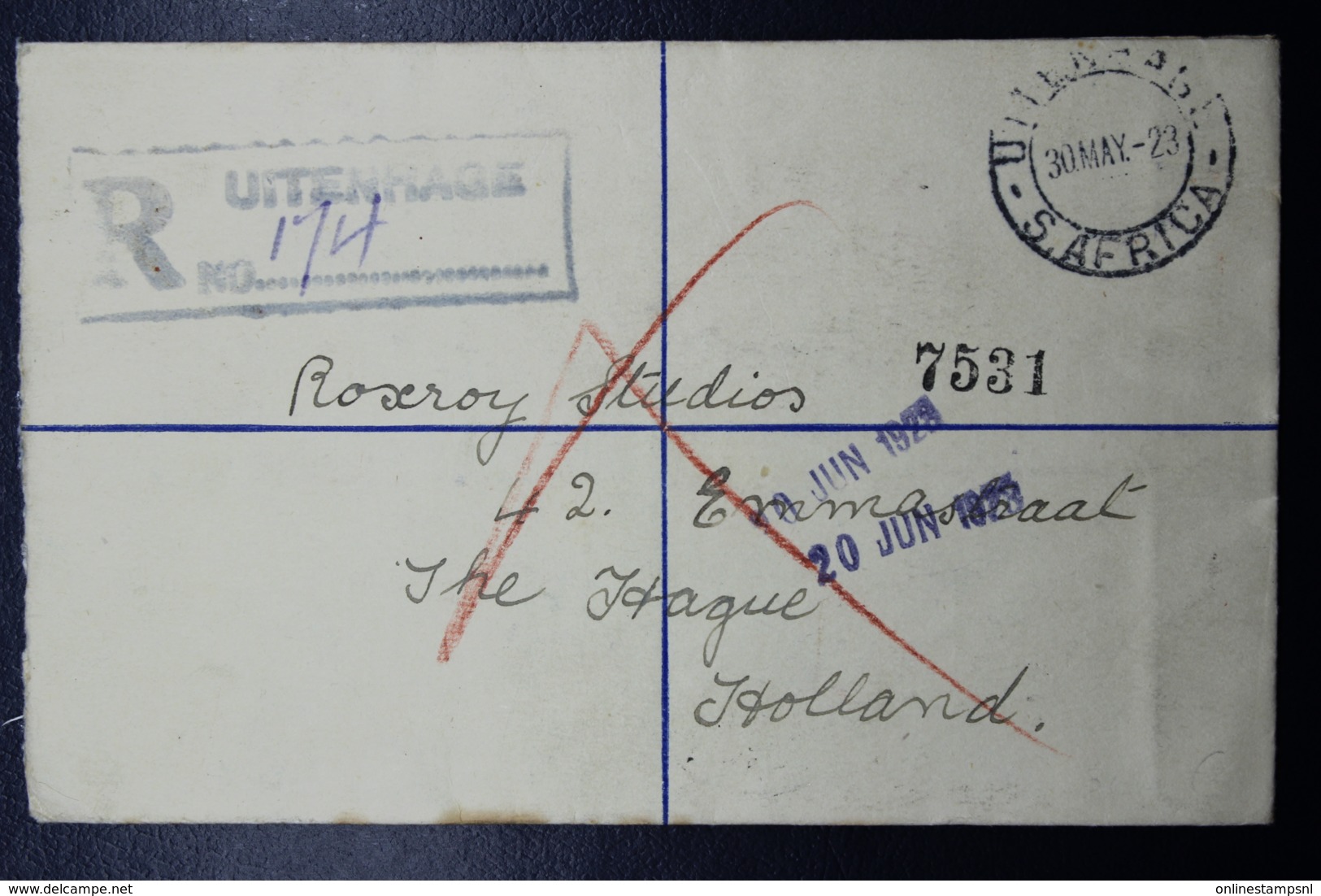 South Africa: Registered Cover Uitenhage -> The Hague 30-5- 1923  HG 5 Uprated - Covers & Documents