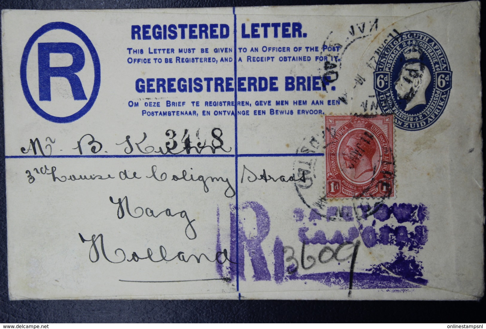 South Africa: Registered Cover Kaapstad  11-1-1924  HG 5 Uprated - Storia Postale